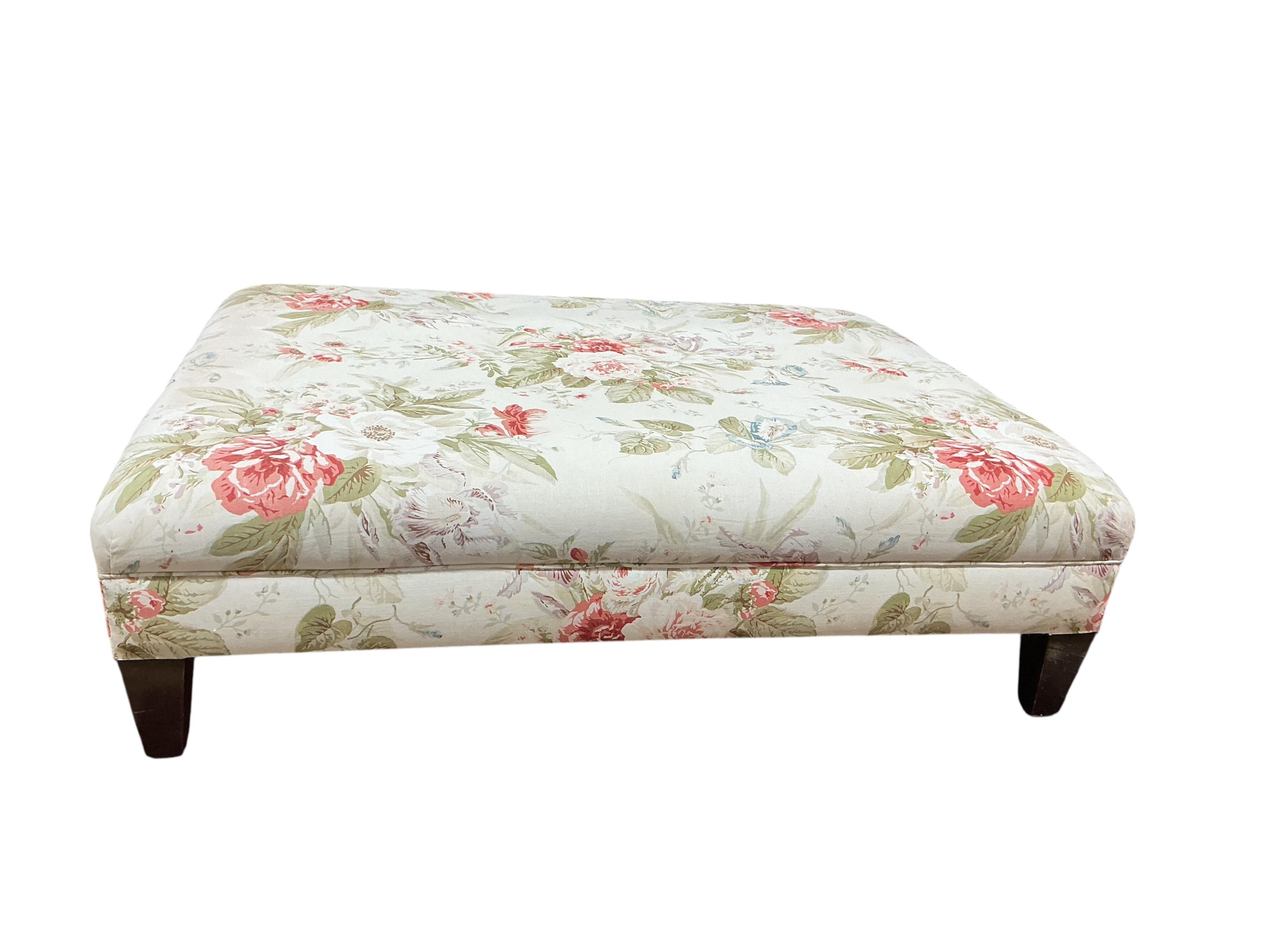 A large rectangular floral buttoned upholstered ottoman footstool, width 118cm, depth 88cm, height 35cm